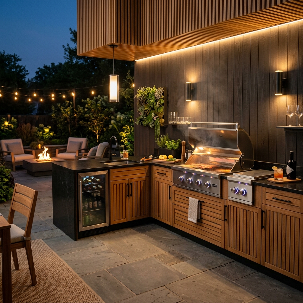 Darboni Evening Pergola Outdoor Kitchen with Warm Lighting