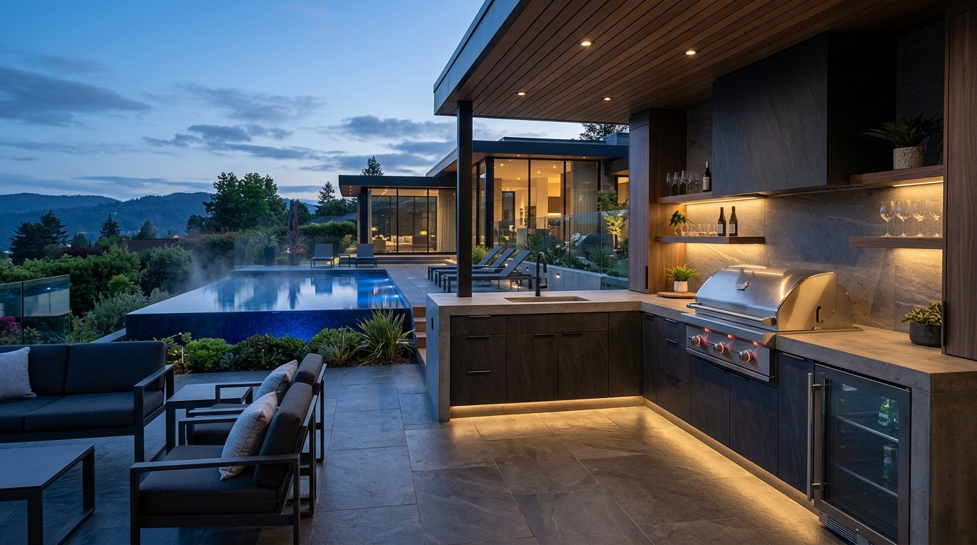 Darboni Modern Architectural Slate Outdoor Kitchen at Twilight