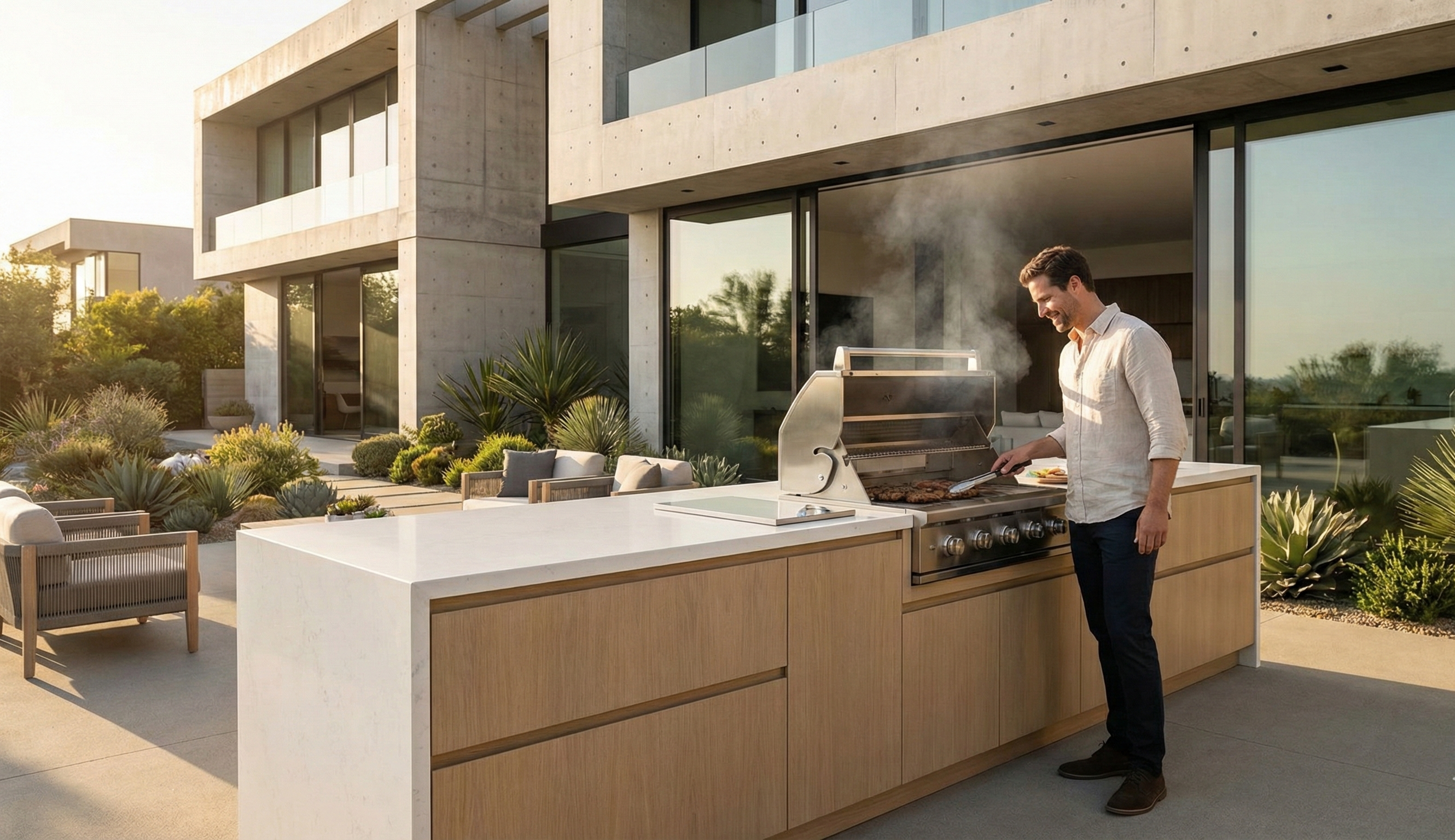Darboni Minimal Wood Outdoor Kitchen with Integrated Pro Grill and Waterfall Countertop