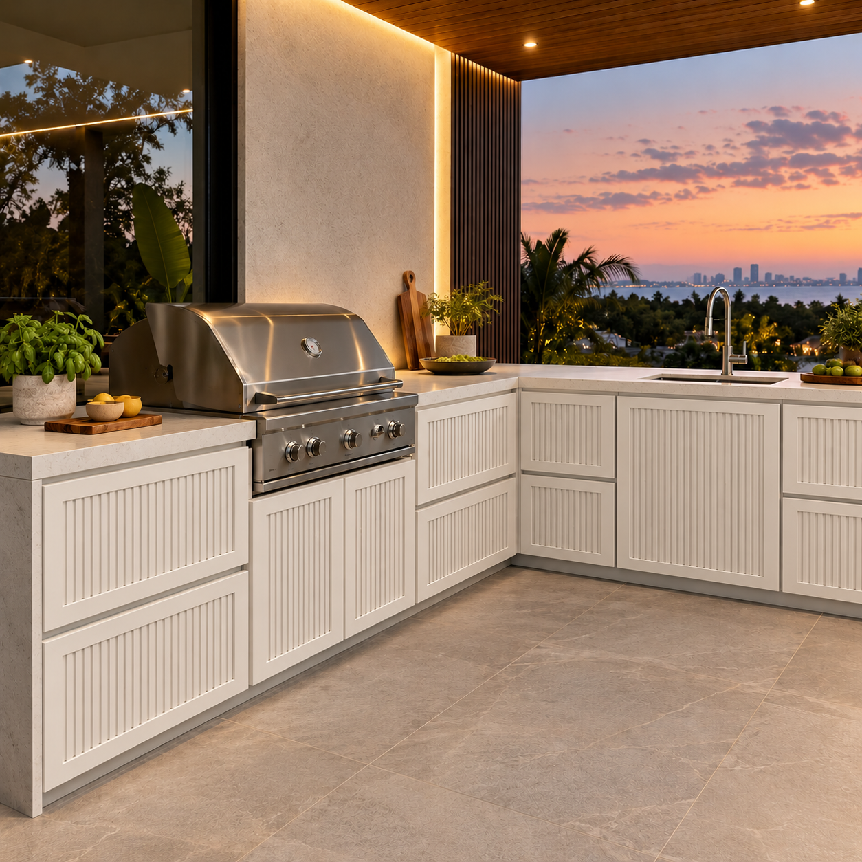 The Slotted Collection in Alabaster White with Built-In Grill and Terrace View